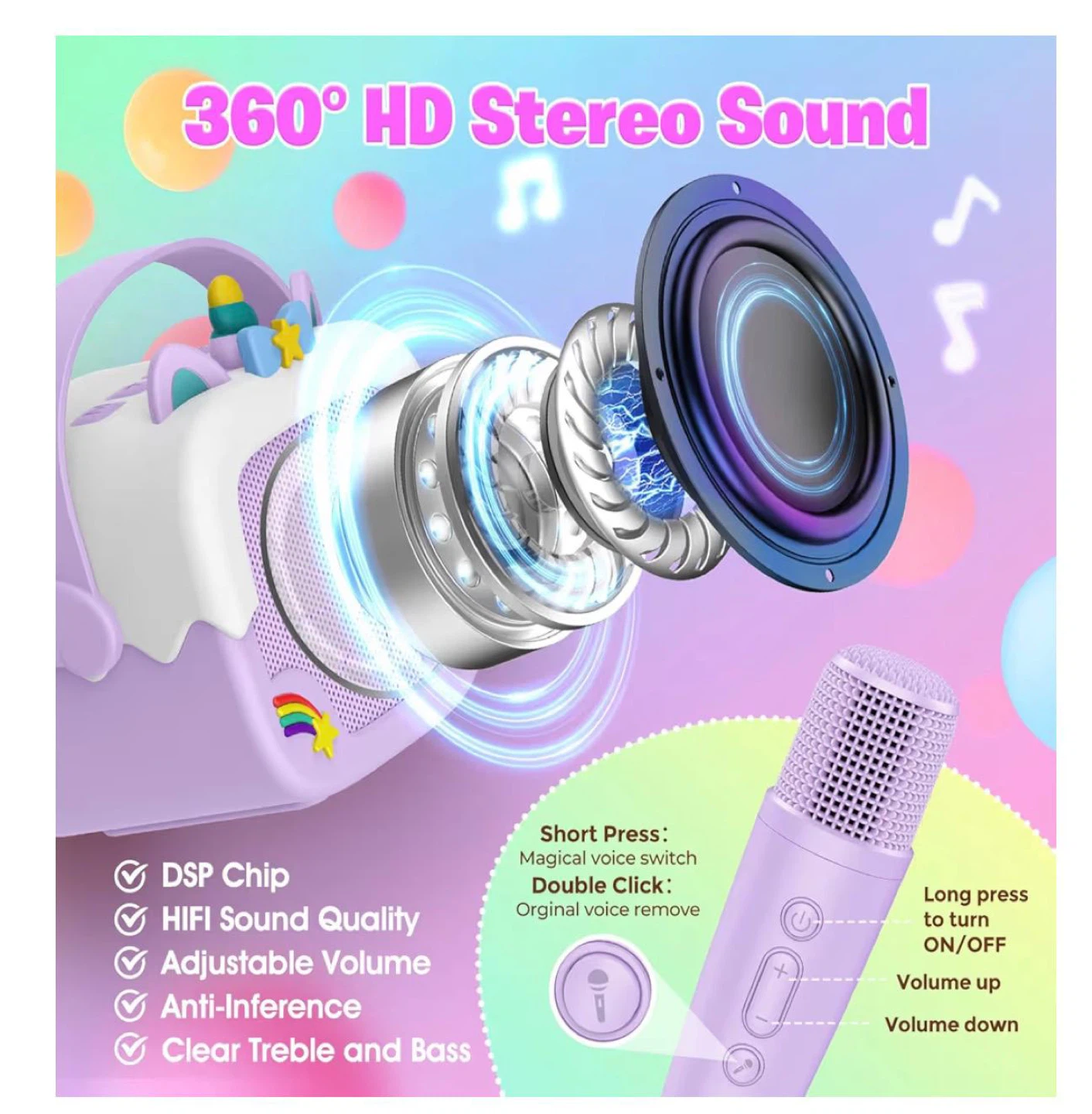 Portable Unicorn Karaoke Machine with 2 Microphones - Purple - photo 5