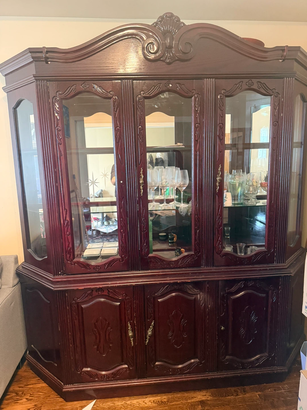 Large Wooden China Cabinet with Glass Doors