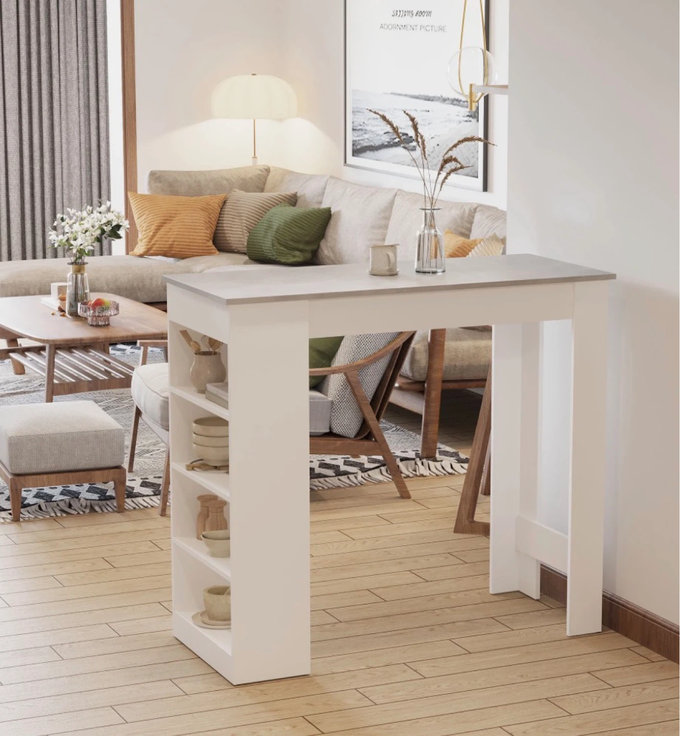 HOMCOM High Top Pub Table with 4 Storage Shelves