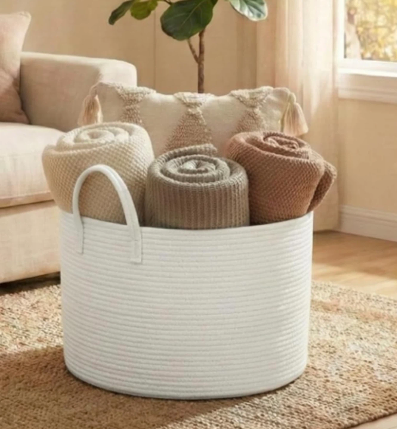 New 115L Woven Rope Blanket Basket White