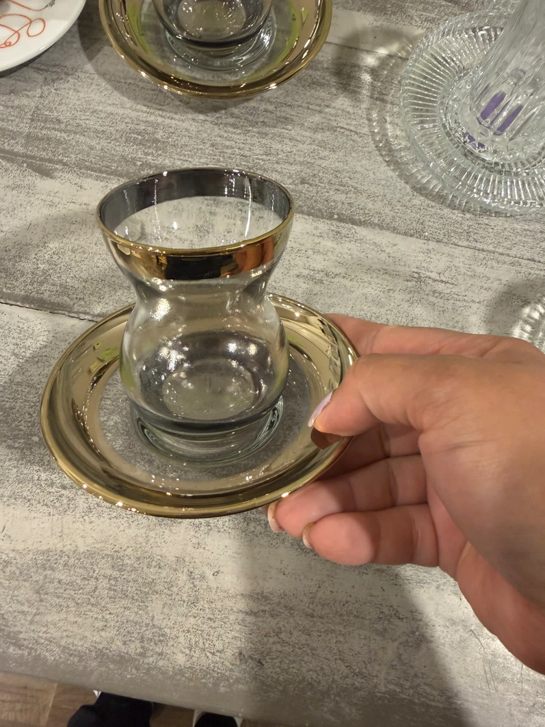 Set of 6 Decorative Gold Rimmed Tea Glasses with Saucers