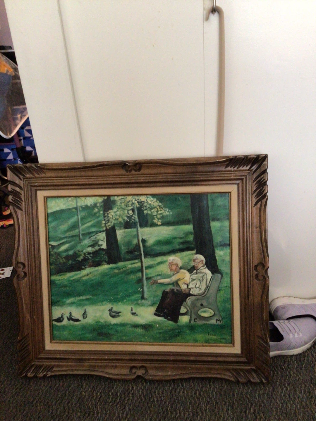 Framed Painting of Couple Feeding Ducks