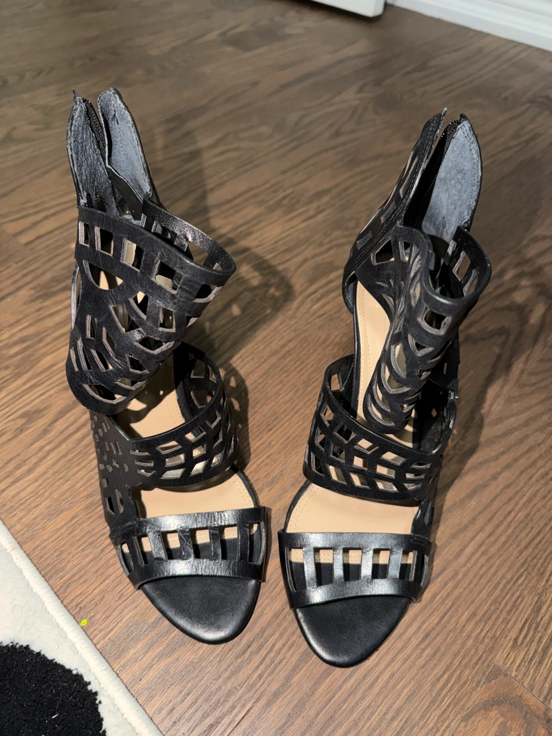 BCBG Black Laser-Cut Ankle Strap Heels