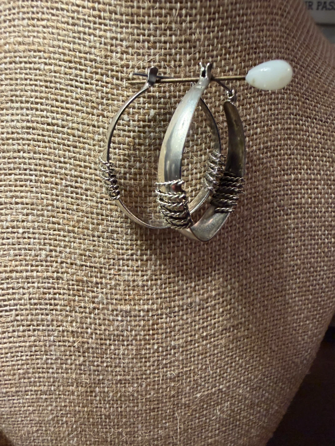 Sterling Silver Plated Hoop Earrings with White Bead - photo 2