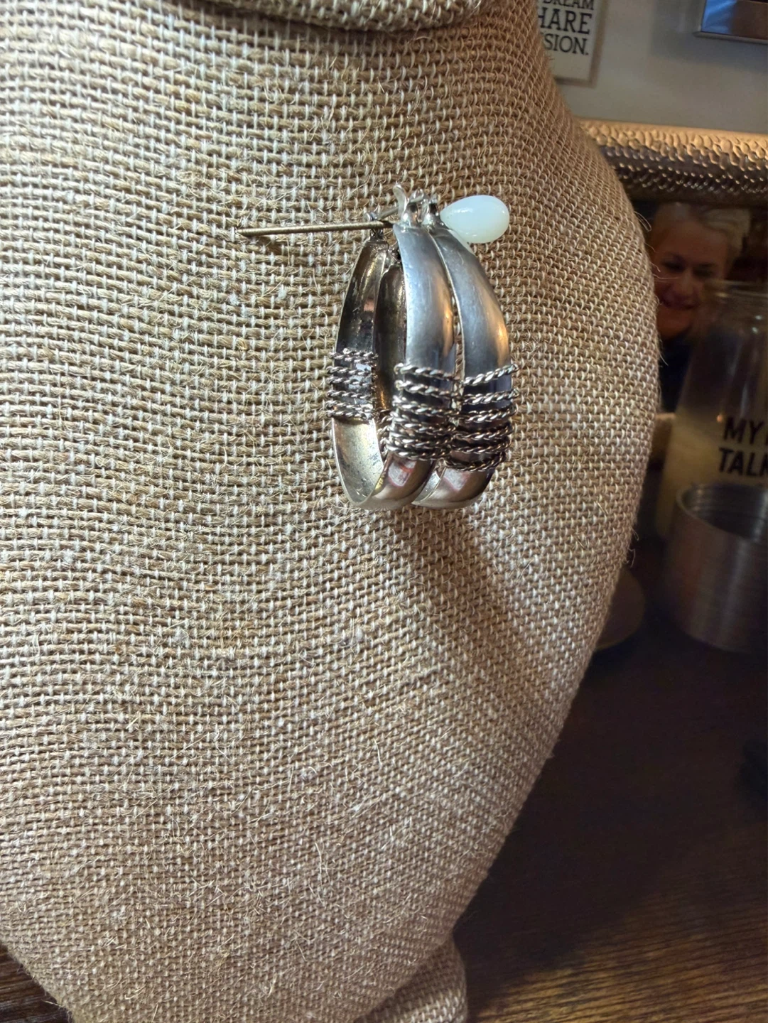 Sterling Silver Plated Hoop Earrings with White Bead - photo 3
