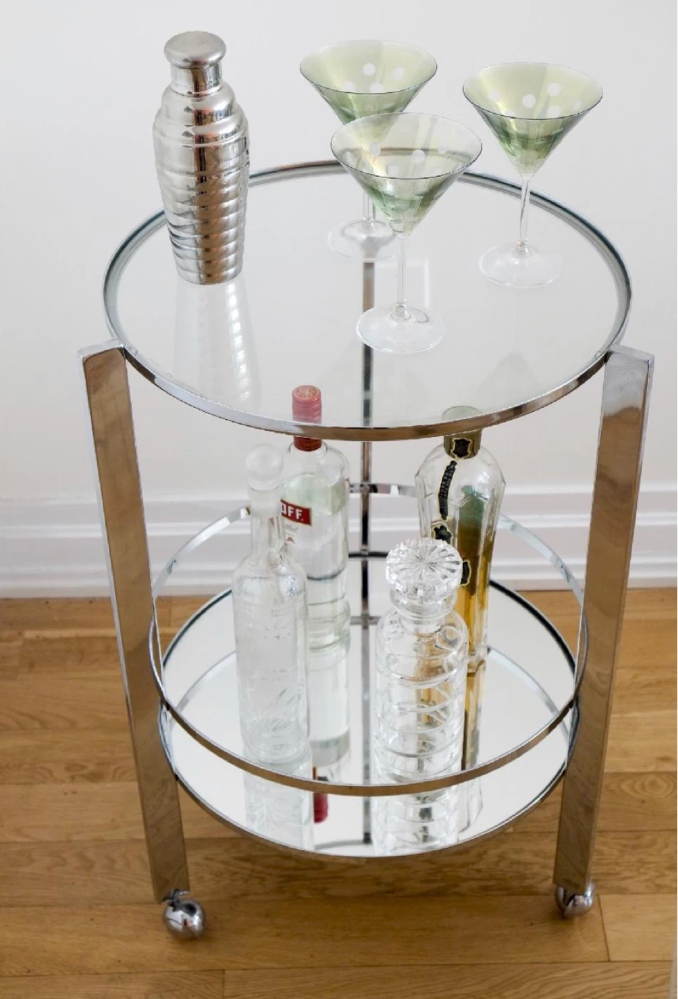 Cb2 Two-Tier Glass Bar Cart with Wheels