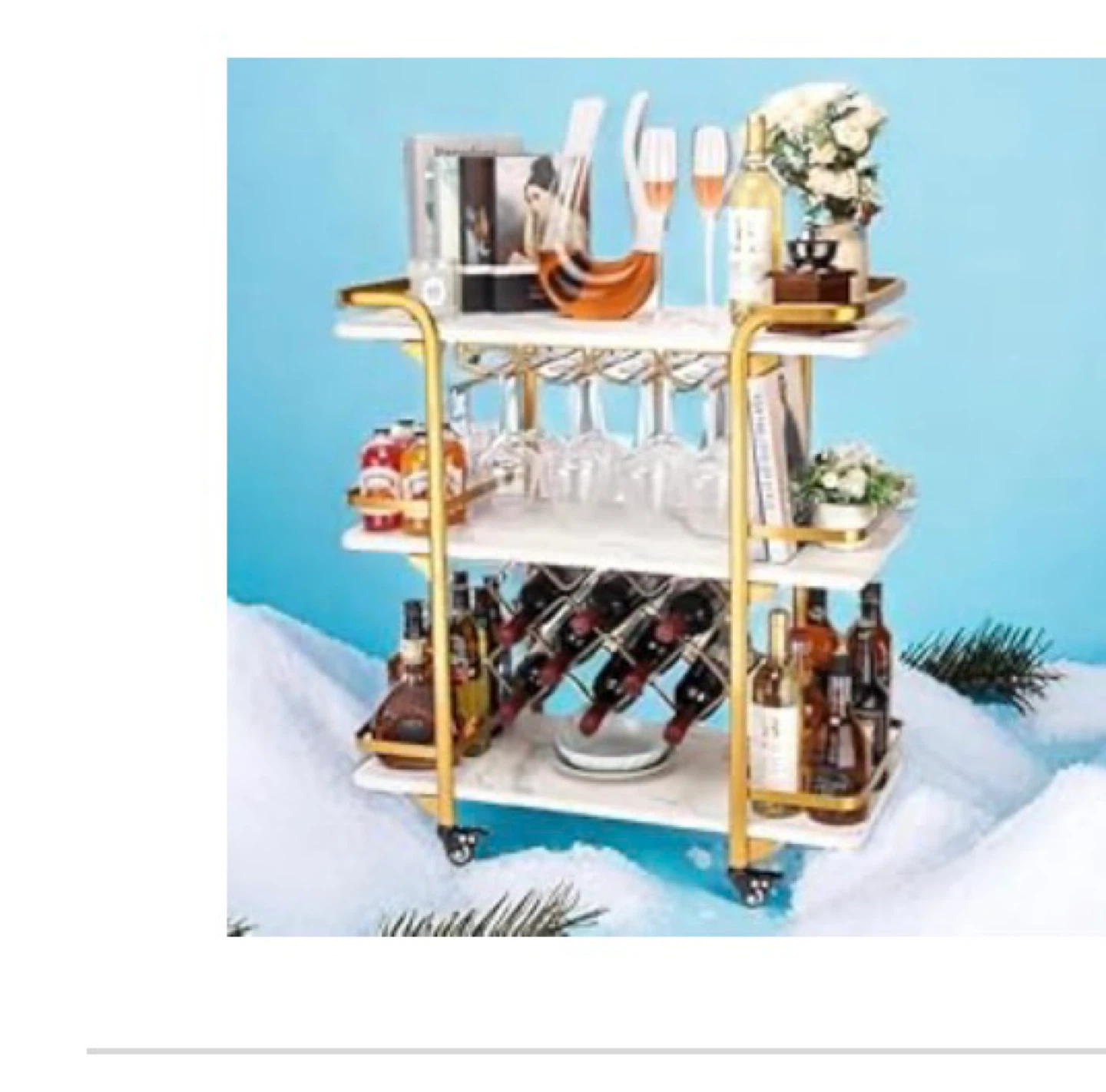 Gold and marble wood Rolling Bar Cart