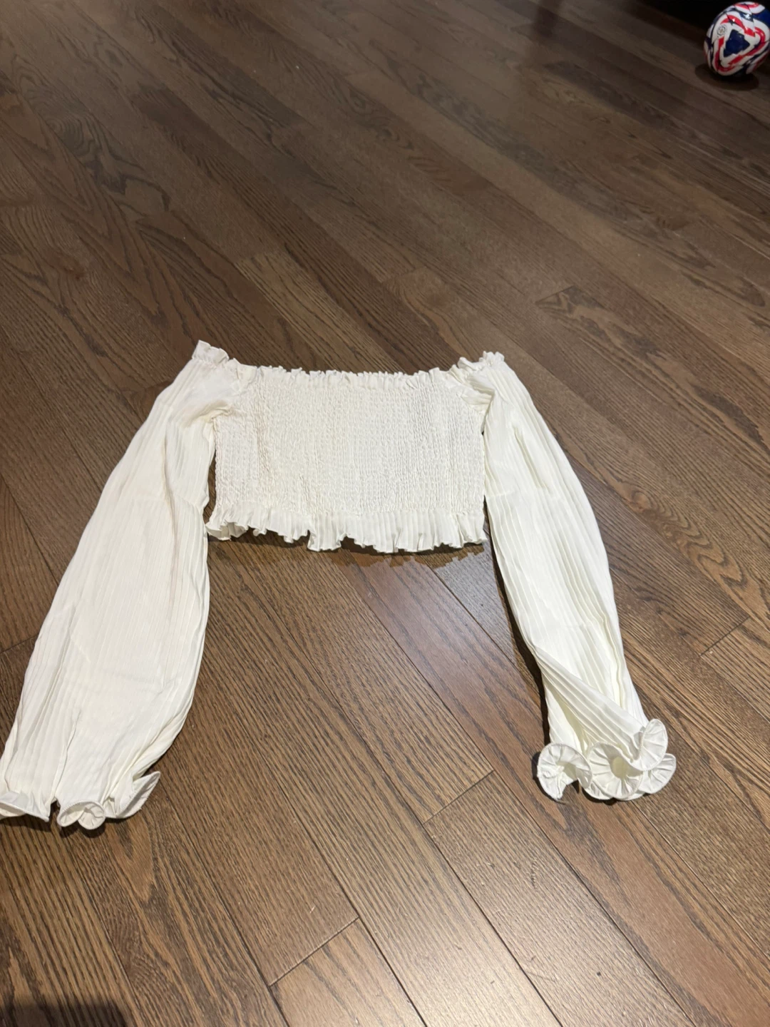 White Smocked Off-Shoulder Crop Top with Pleated Balloon Sleeves