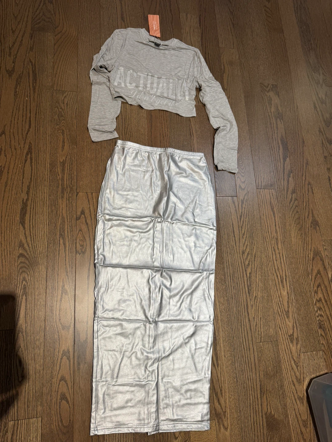 Grey Crop Top & Silver Skirt Set