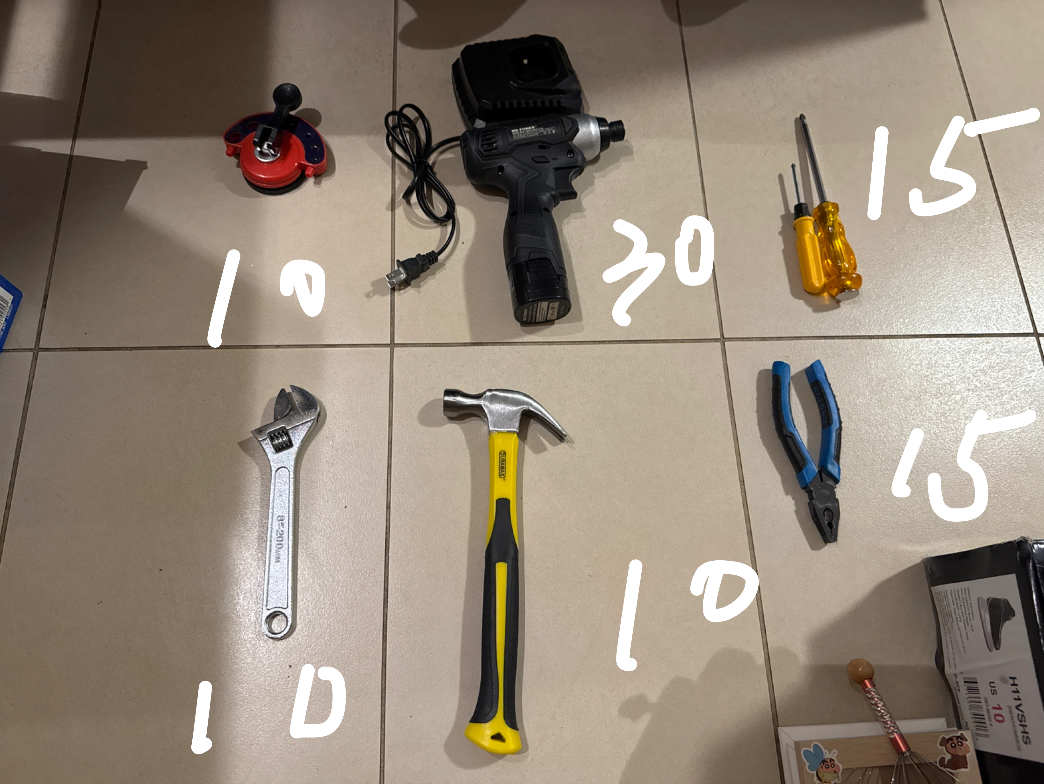 Hammer,hole locator, power drill,wrench,screwdriver,plier