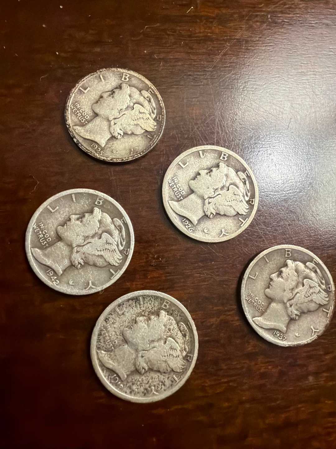 5 Mercury Dimes - 1937, 1942, 1925, 1937, 1939