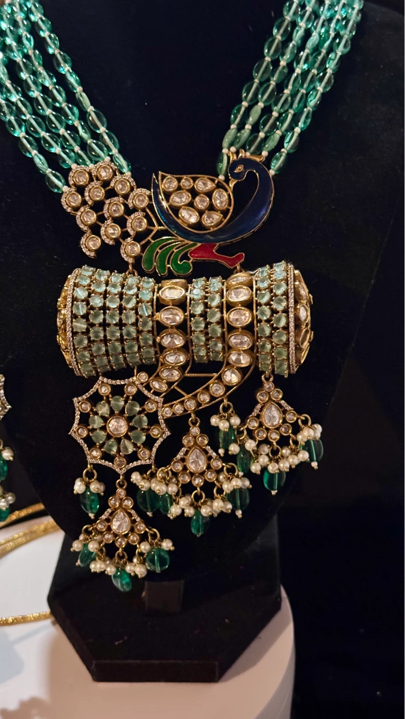 Green Emerald and Diamond Peacock Necklace Set with Earrings - photo 2