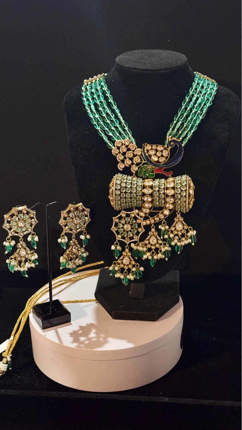 Green Emerald and Diamond Peacock Necklace Set with Earrings