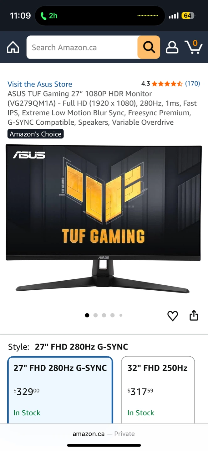 ASUS TUF 27” 280hz Gaming Monitor