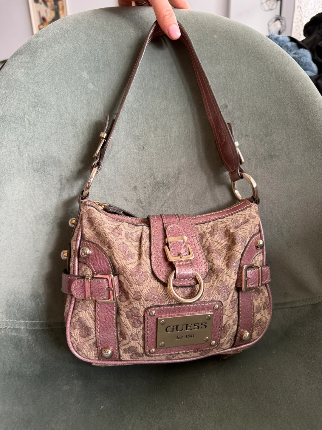 Vintage Y2K Guess Monogram Baguette Shoulder Bag Mauve Pink