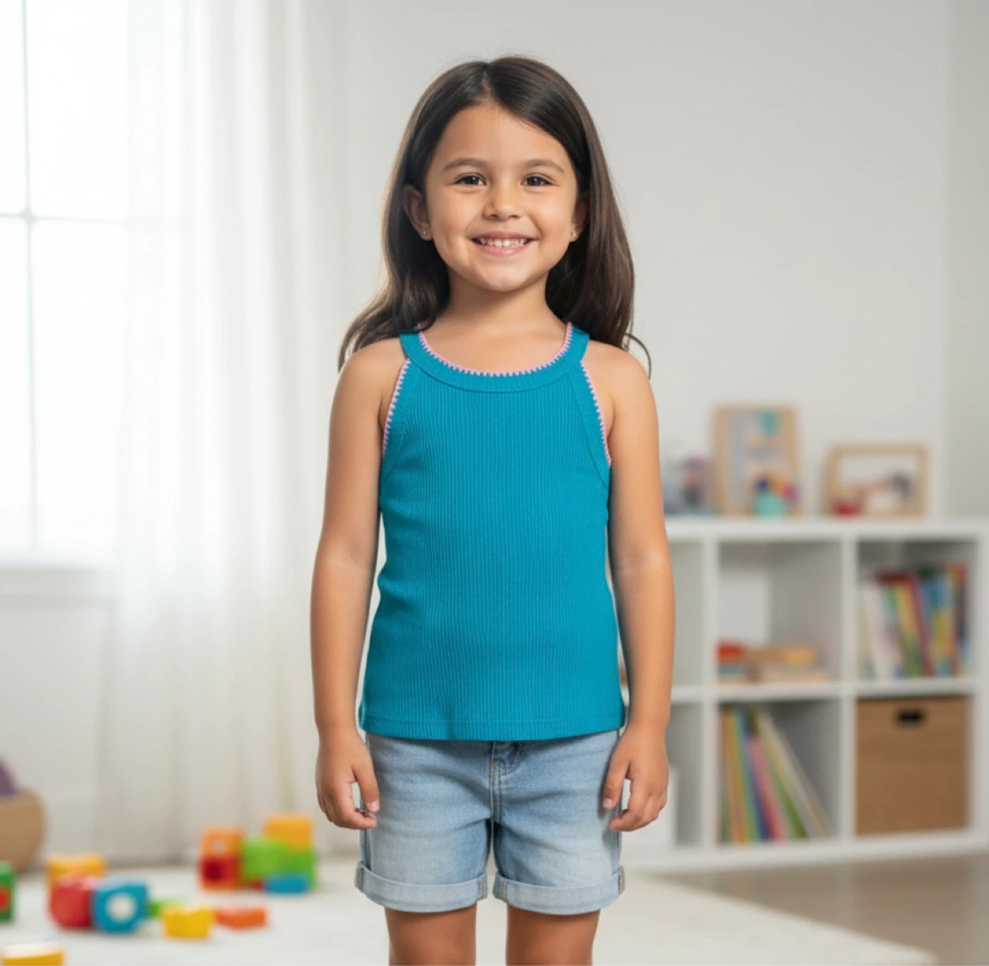 Turquoise Ribbed Tank Top with Pink size 5 kids
