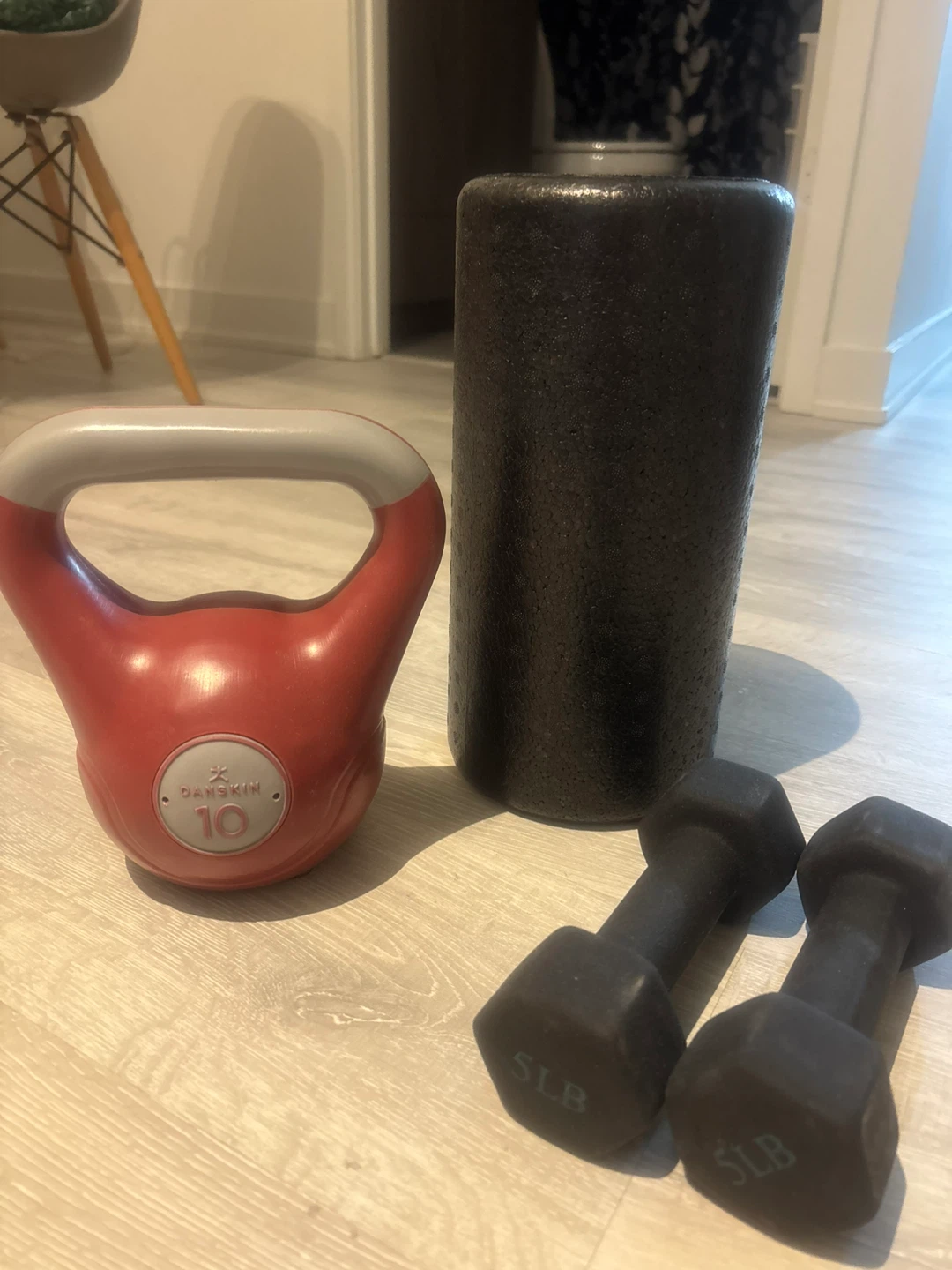 10lb Kettlebell, Foam Roller, and 2x 5lb Dumbbells