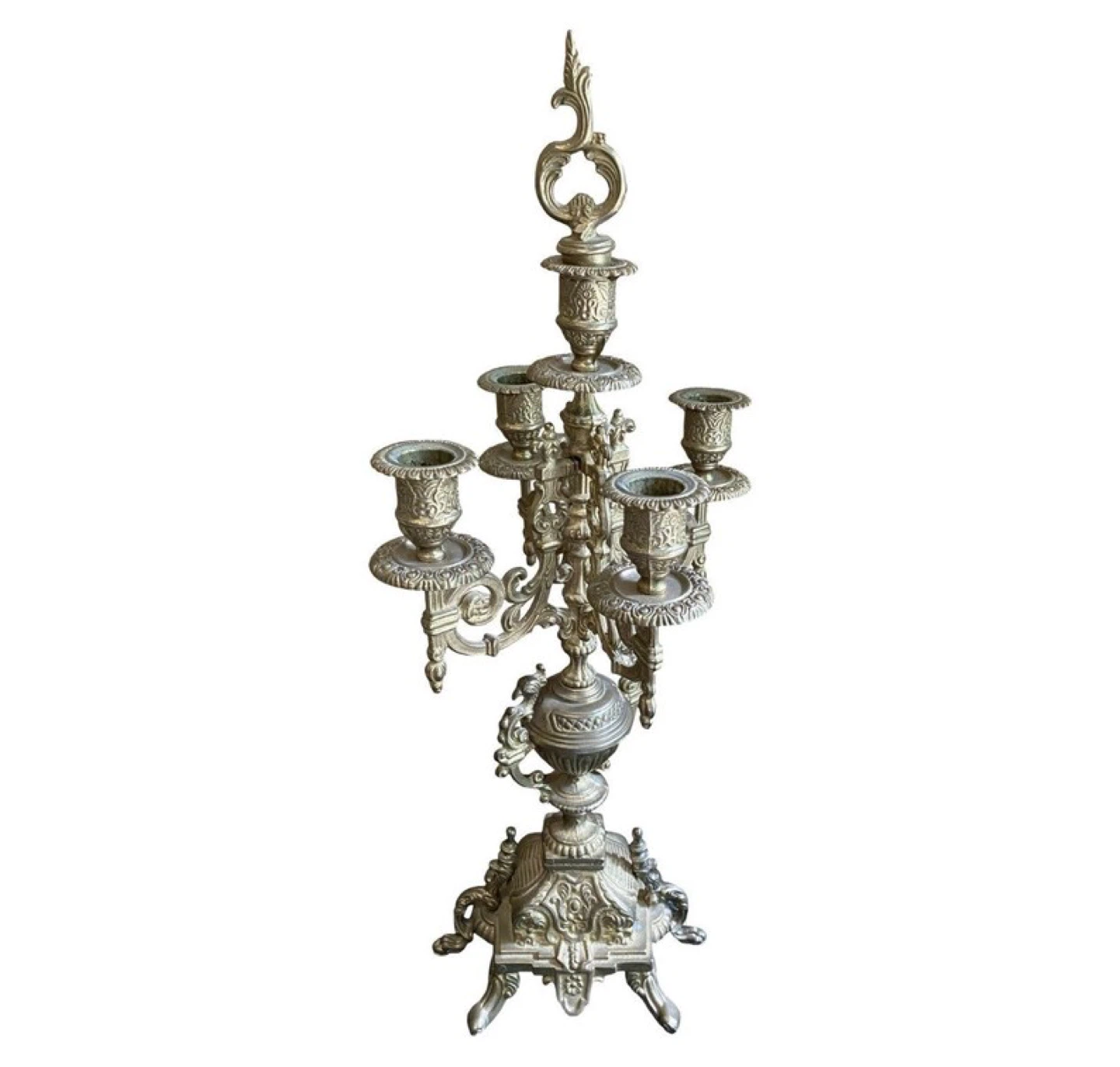 1940s Brass Candelabra Pair With Five Arm Design in Rococo Style