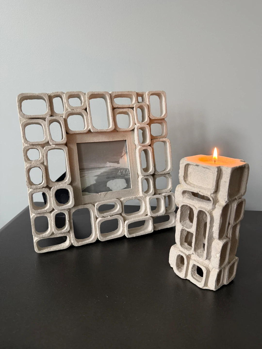 Textured Picture Frame and Candle Holder Set