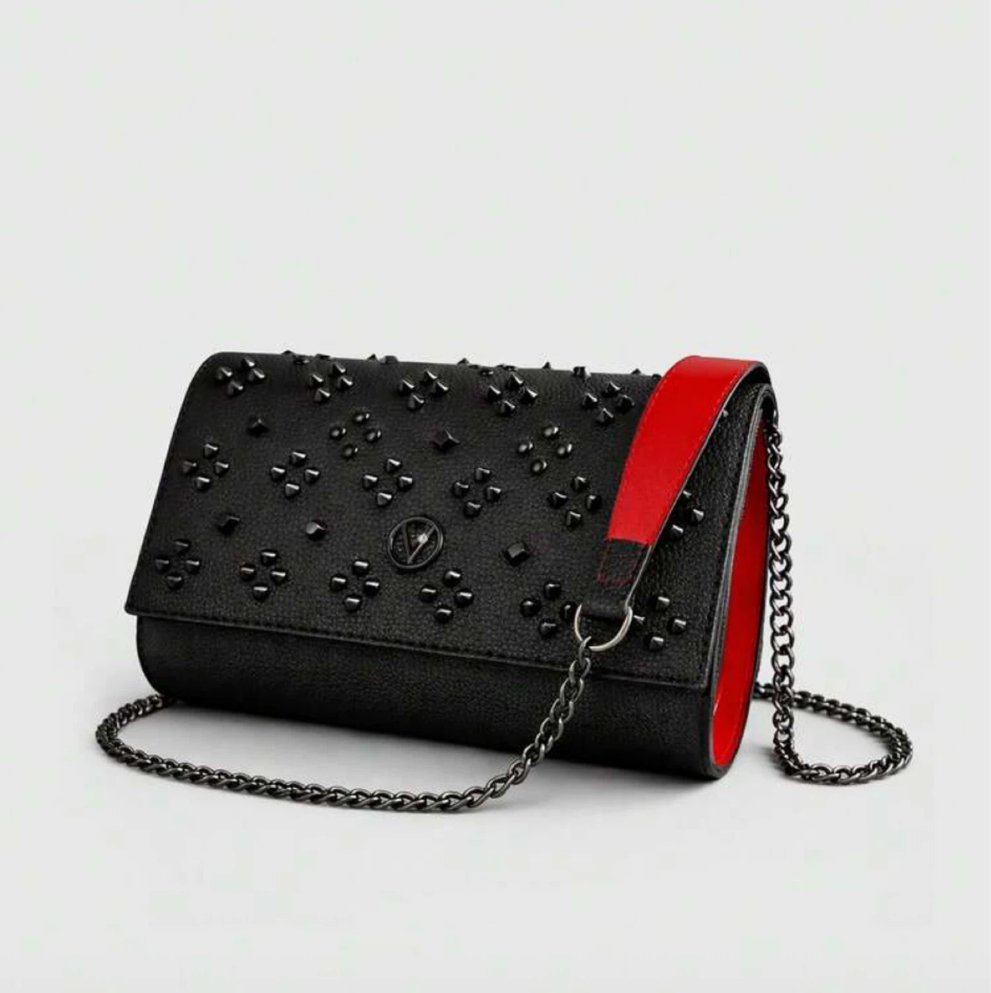 Black rivet embellished evening clutch with chain strap - photo 2