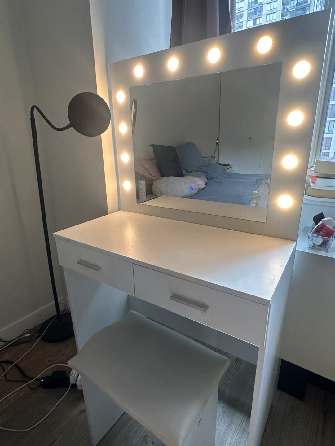 White Vanity Desk with Lighted Mirror and Stool