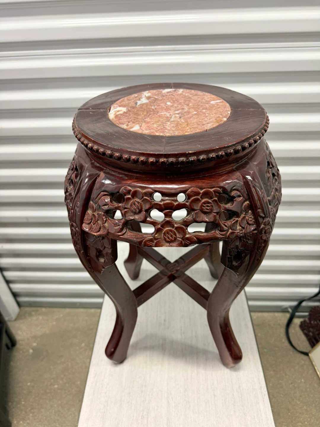 Vintage Carved Wood & Pink Marble Top Plant Stand