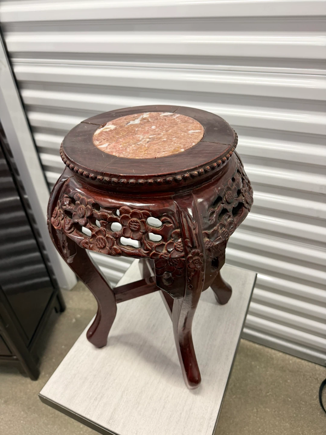 Vintage Carved Wood & Pink Marble Top Plant Stand - photo 4