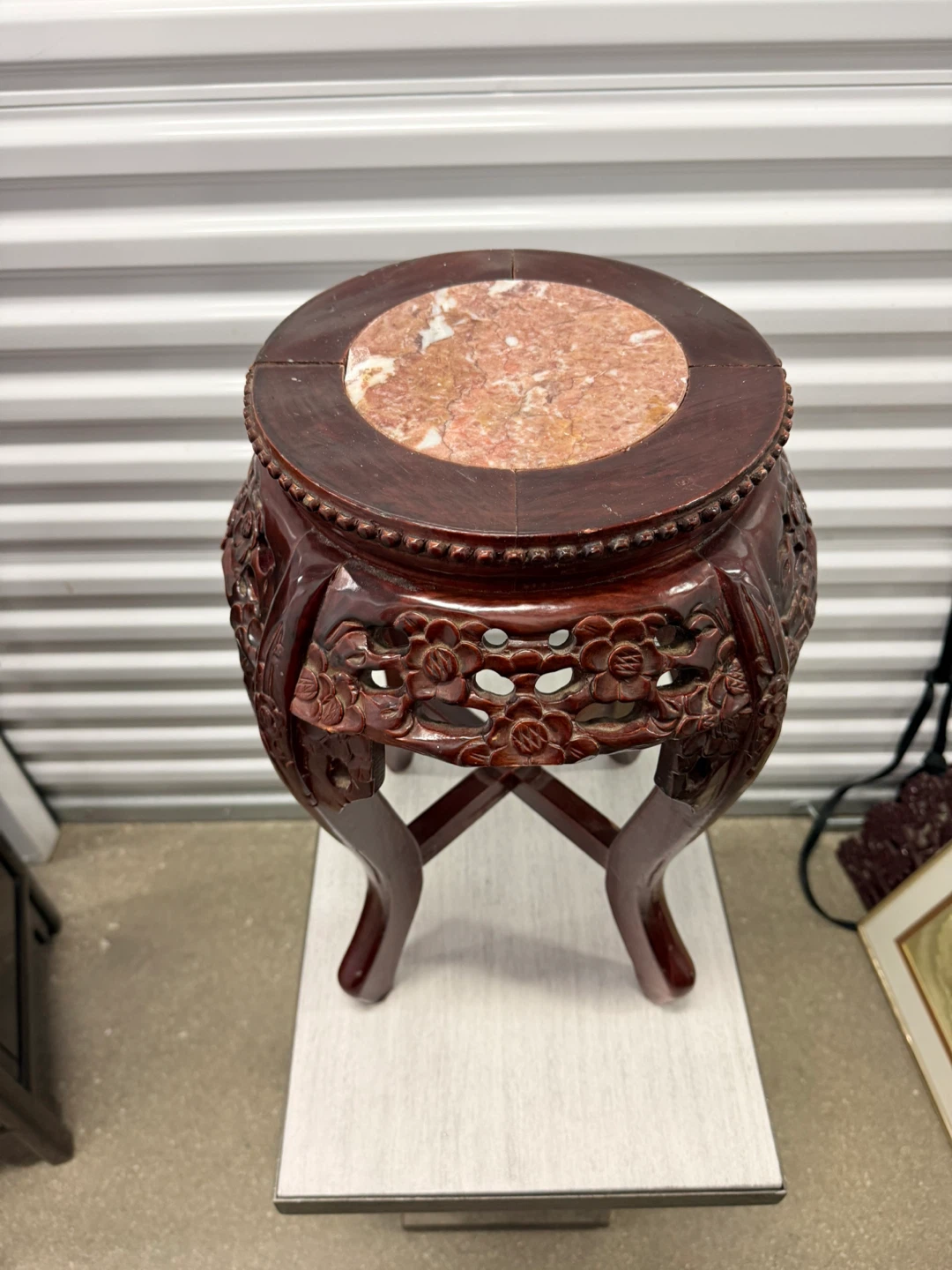 Vintage Carved Wood & Pink Marble Top Plant Stand - photo 3