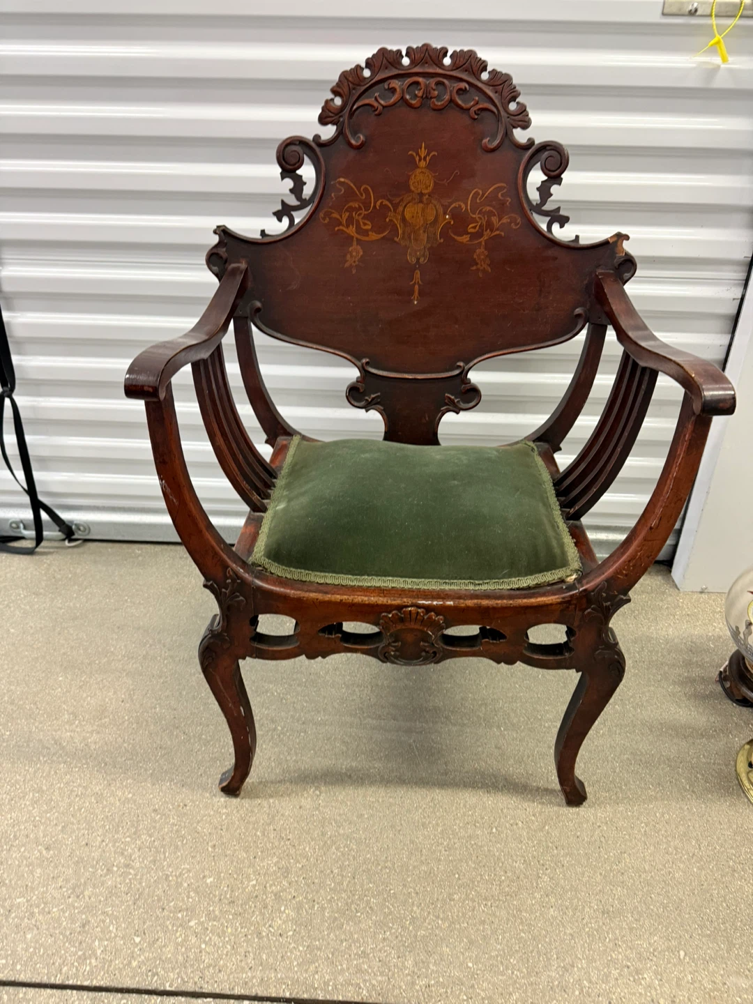 Antique French Louis  Accent Chair with Green Cushion