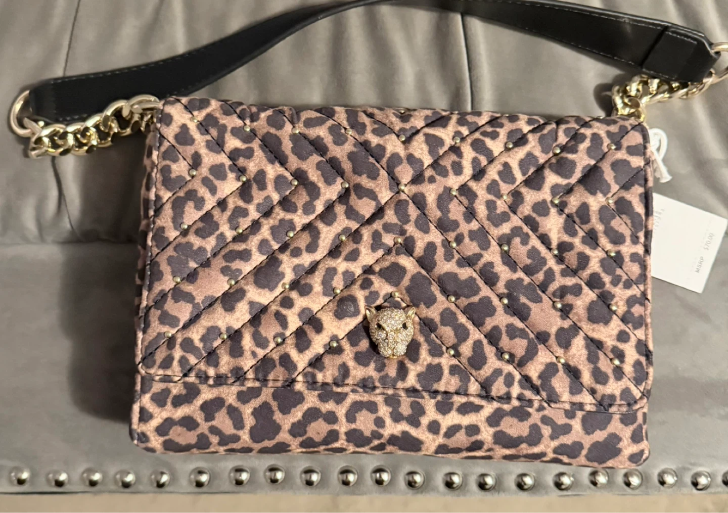 Leopard Print Quilted Shoulder Bag with Gold Chain