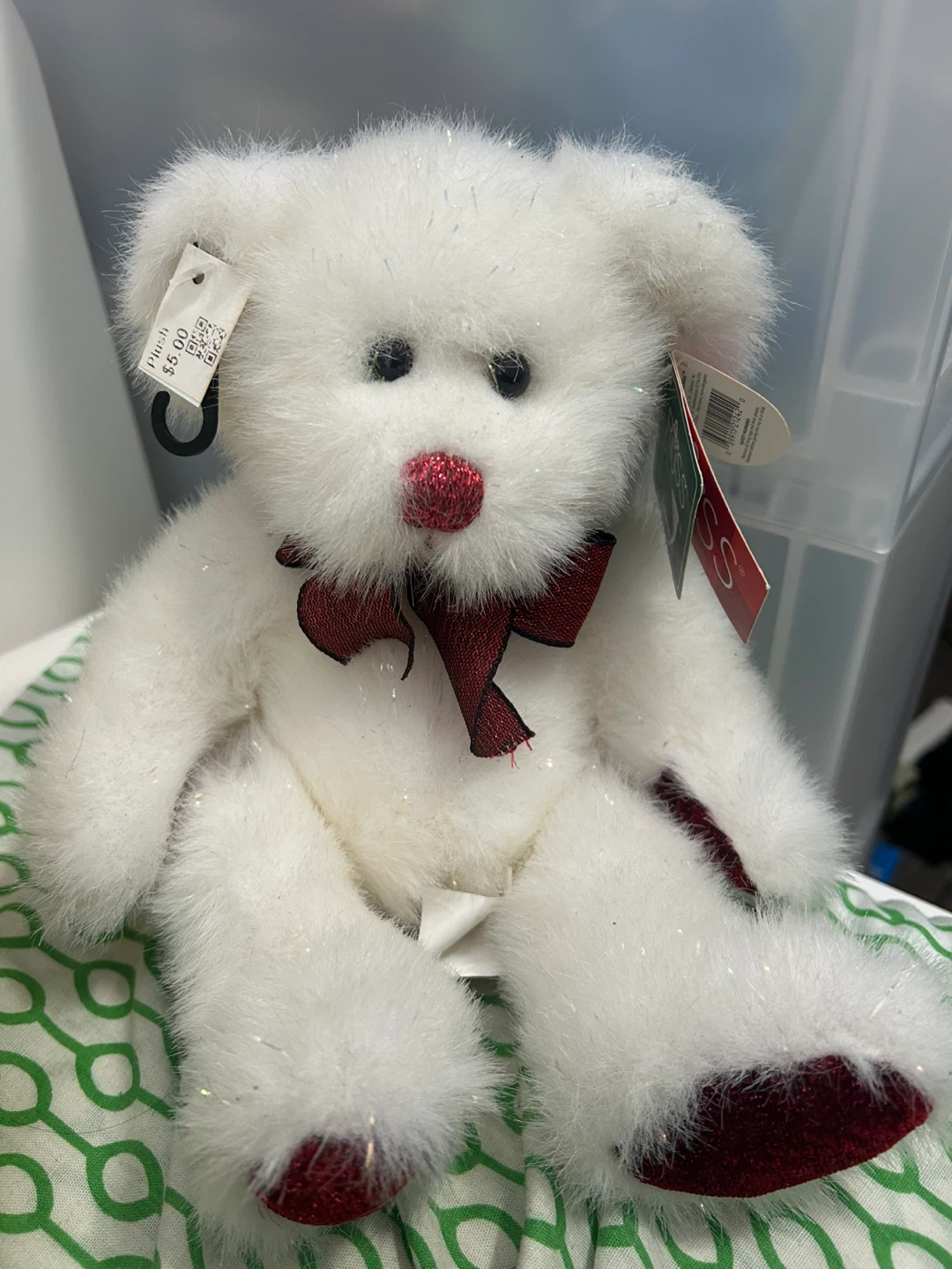 White Plush Teddy Bear with Red Bow and Sparkles