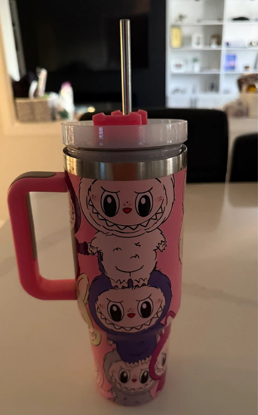 Pink Tumbler with Cute Monster Design and Handle