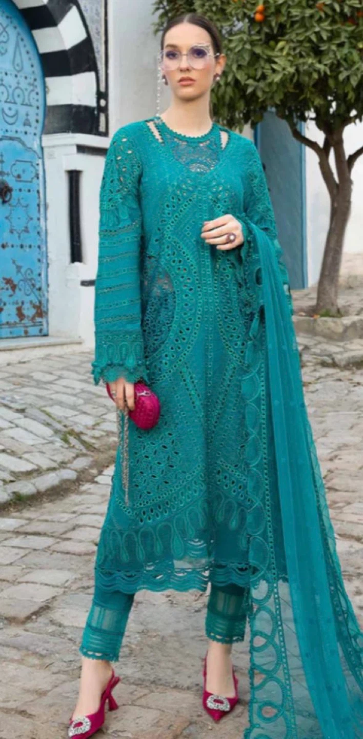 Teal Embroidered Lawn Kameez Shalwar Set