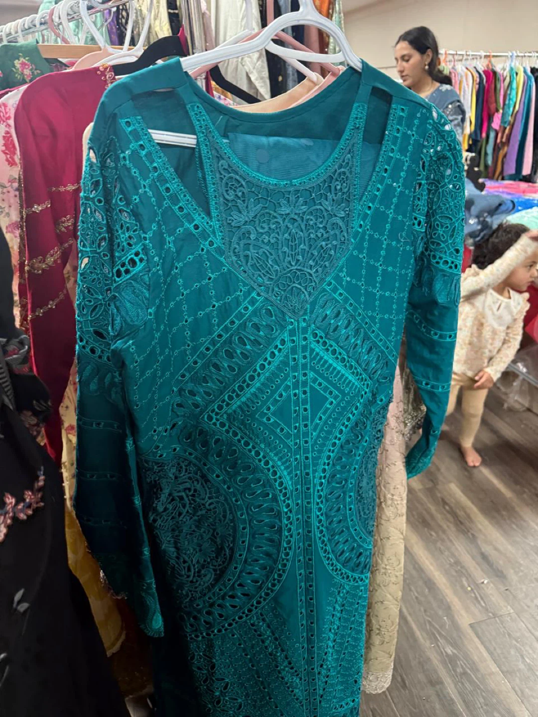 Teal Embroidered Lawn Kameez Shalwar Set - photo 2