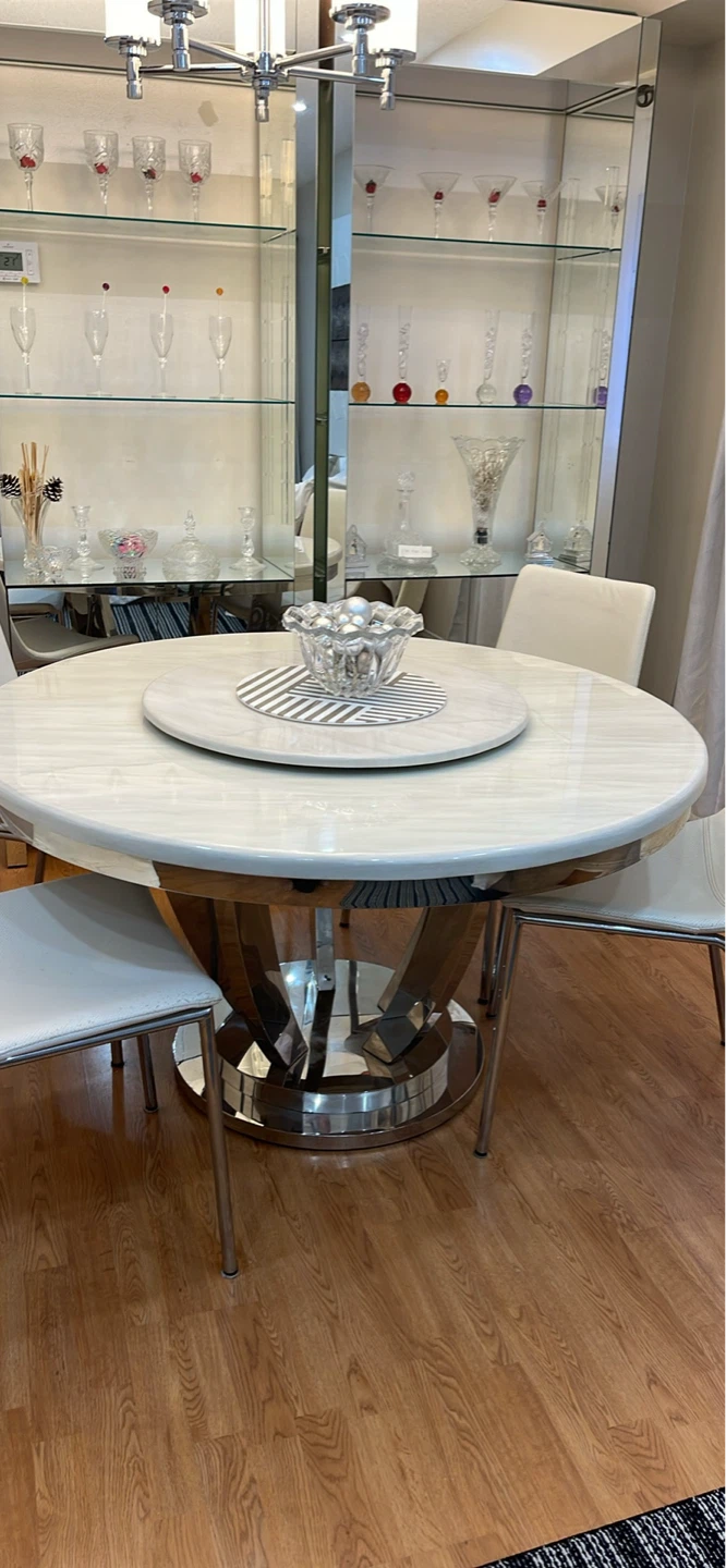 Round Dining Table with White Marble Top and Chrome Base