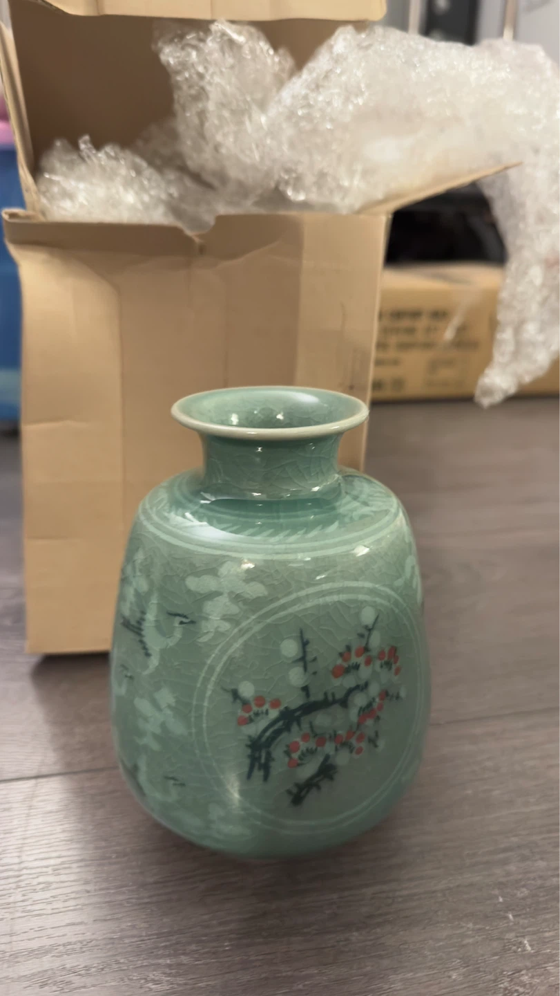 Green Celadon Vase with Crane and Plum Blossom Design