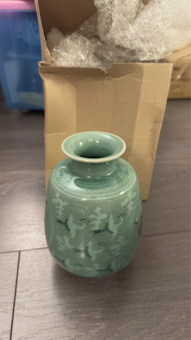 Green Celadon Vase with Crane and Plum Blossom Design - photo 2