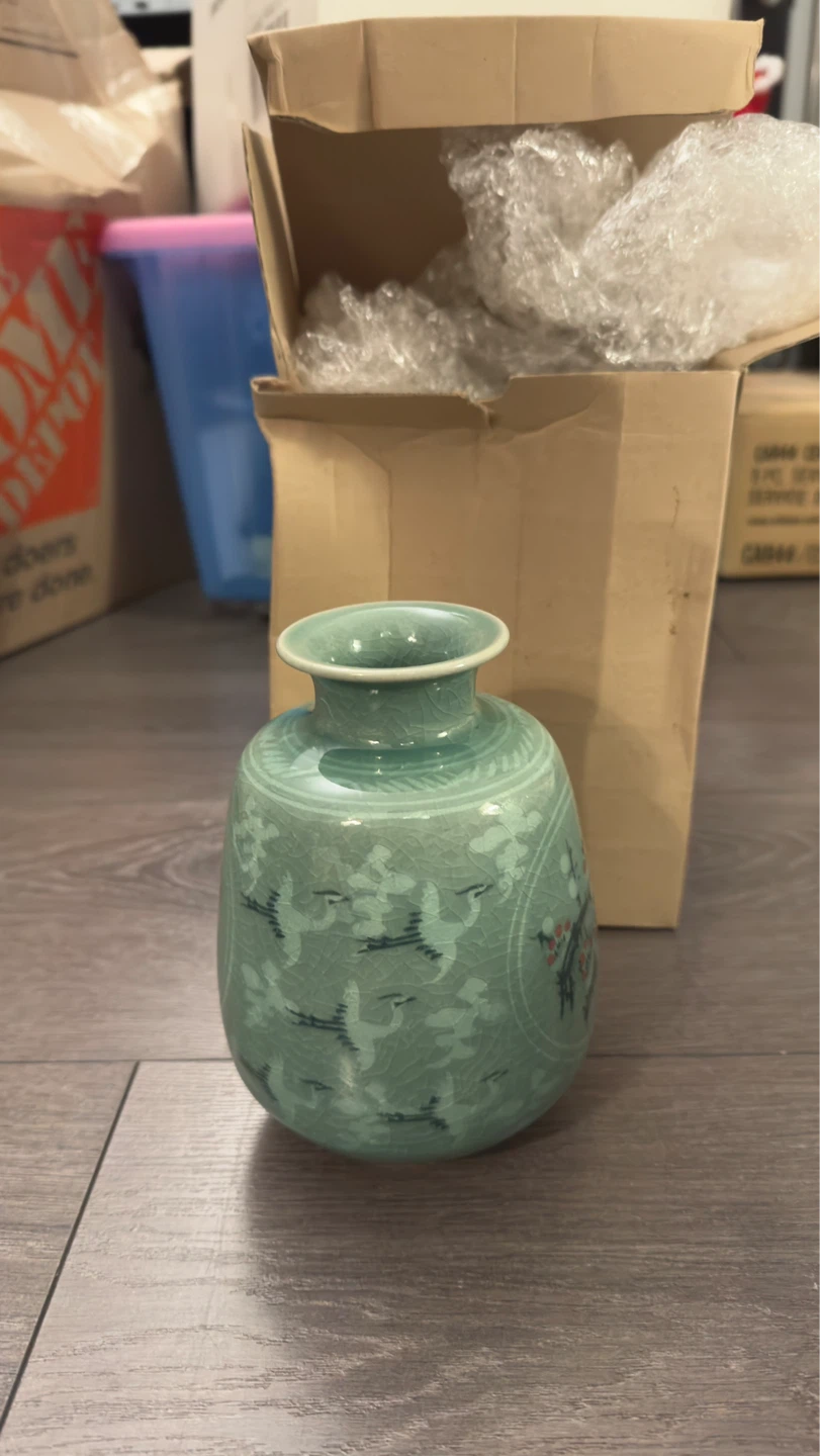Green Celadon Vase with Crane and Plum Blossom Design - photo 3