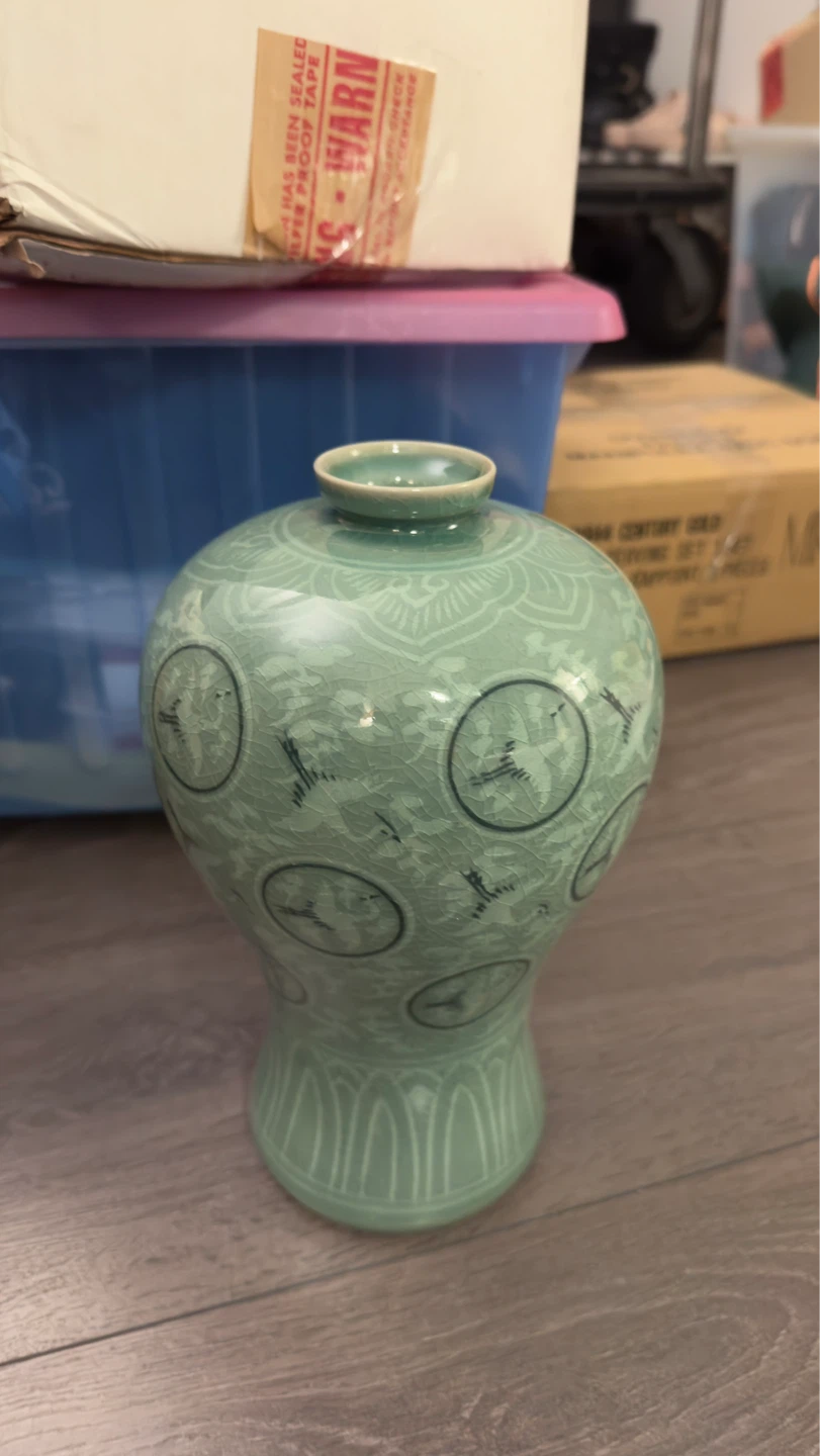 Green Ceramic Vase with Crane Design