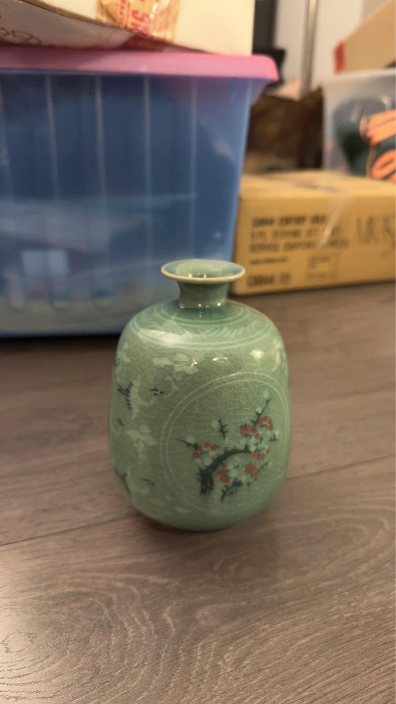 Green Ceramic Celadon Vase with Floral Design