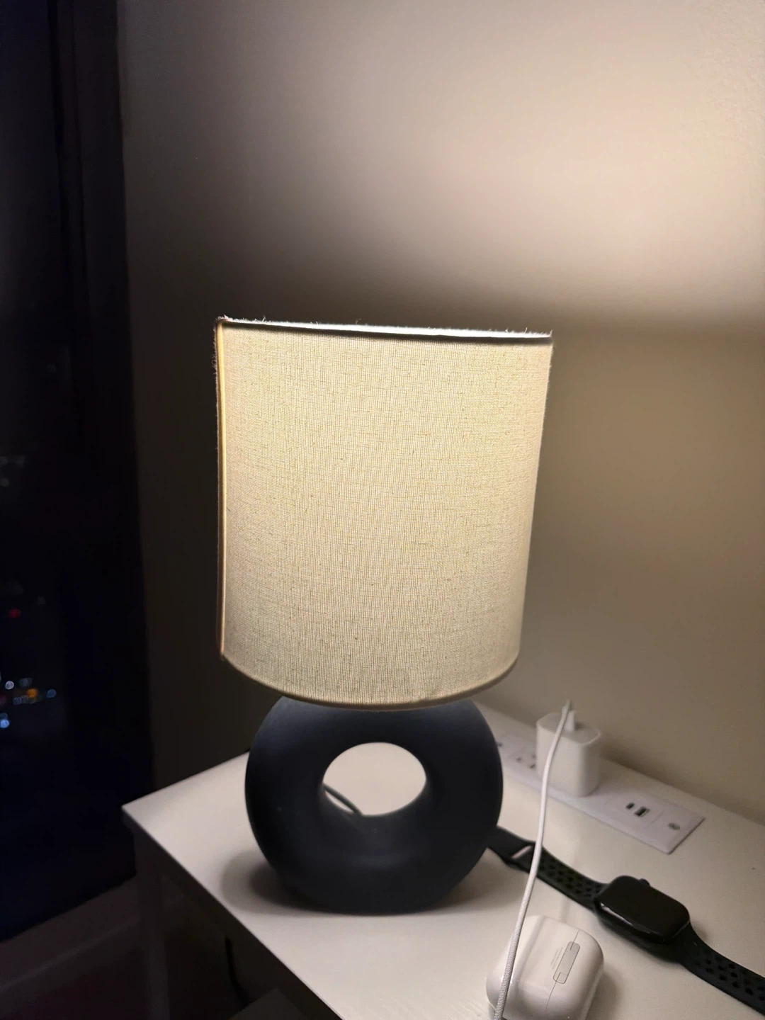 Modern Black Ring Base Table Lamp with Beige Drum Shade
