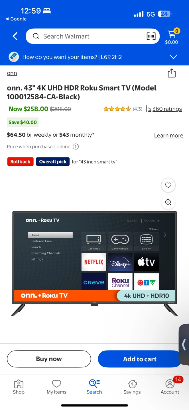 onn. 43" 4K UHD HDR Roku Smart TV (Model 100012584-CA-Black)