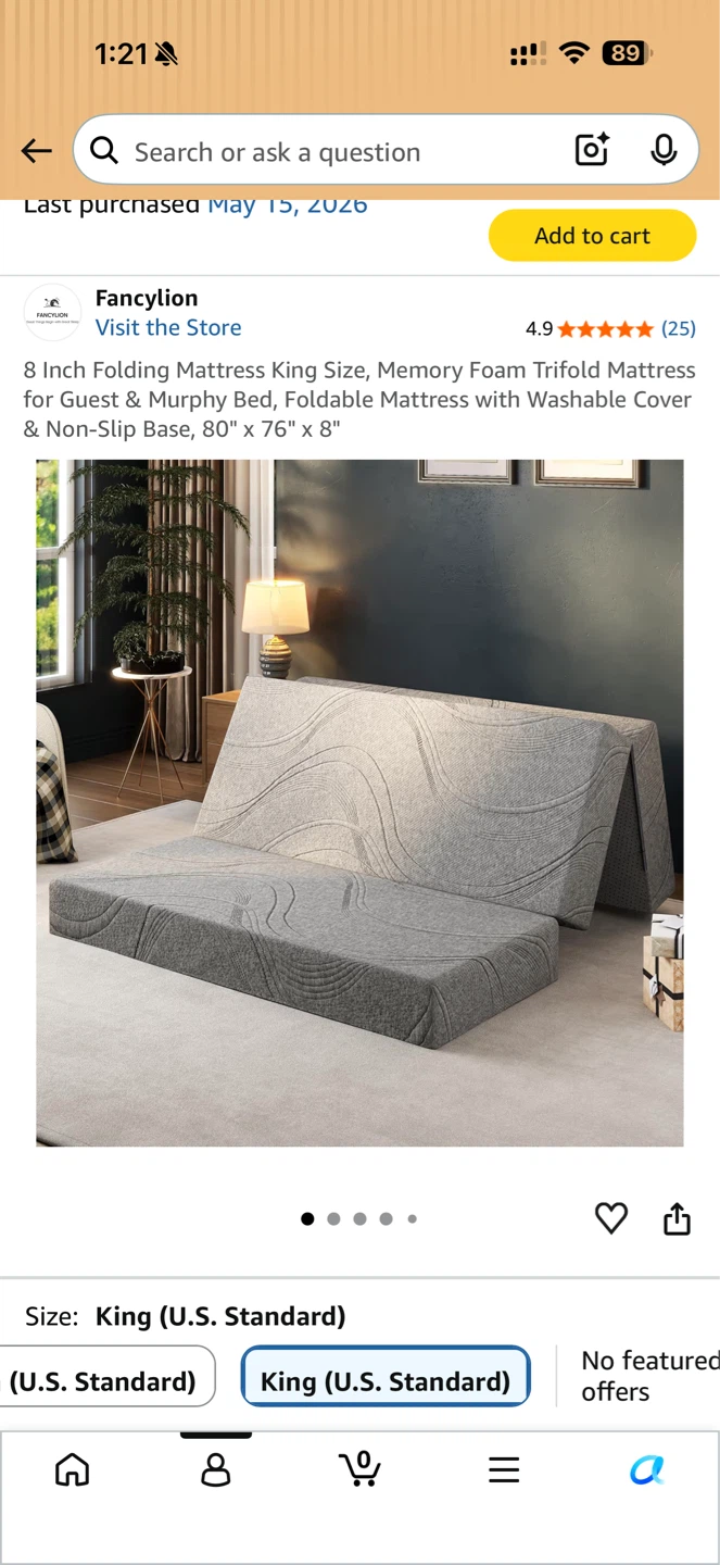 FancyLion 8 Inch Folding Memory Foam Trifold Mattress King Size