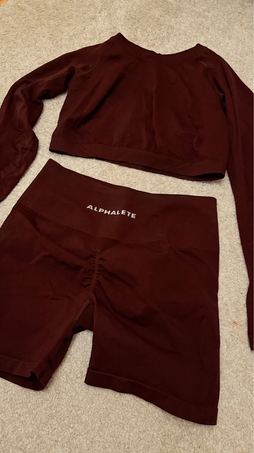 Alphalete Maroon Long Sleeve Crop Top & Shorts Set