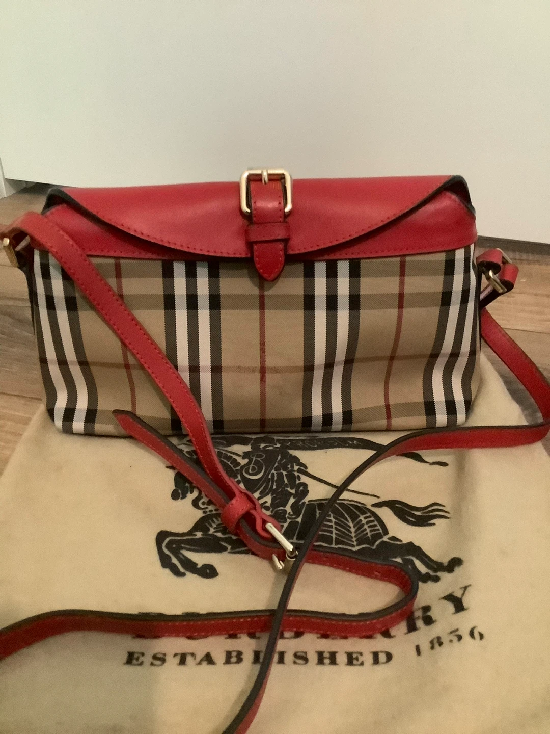 Pre loved Burberry Haymarket Check Leather Crossbody Bag Red