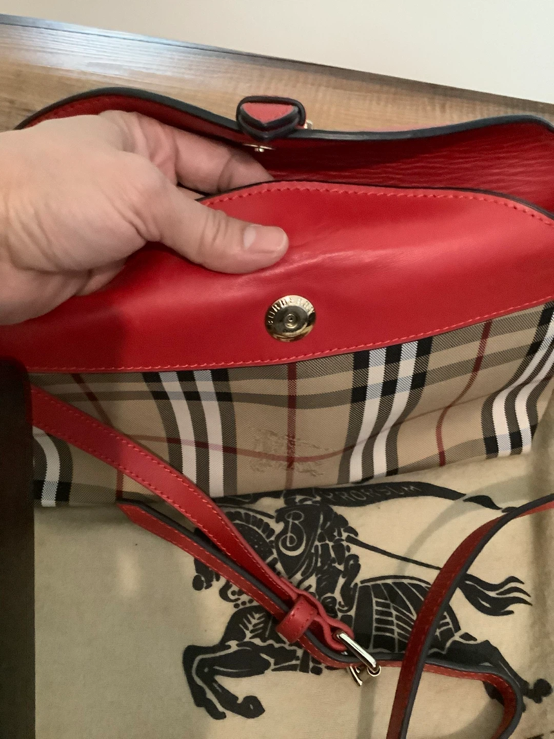 Pre loved Burberry Haymarket Check Leather Crossbody Bag Red - photo 4