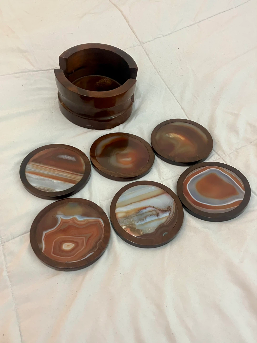 Vintage Brazilian Agate Geode Wood Coasters - Set Of 6