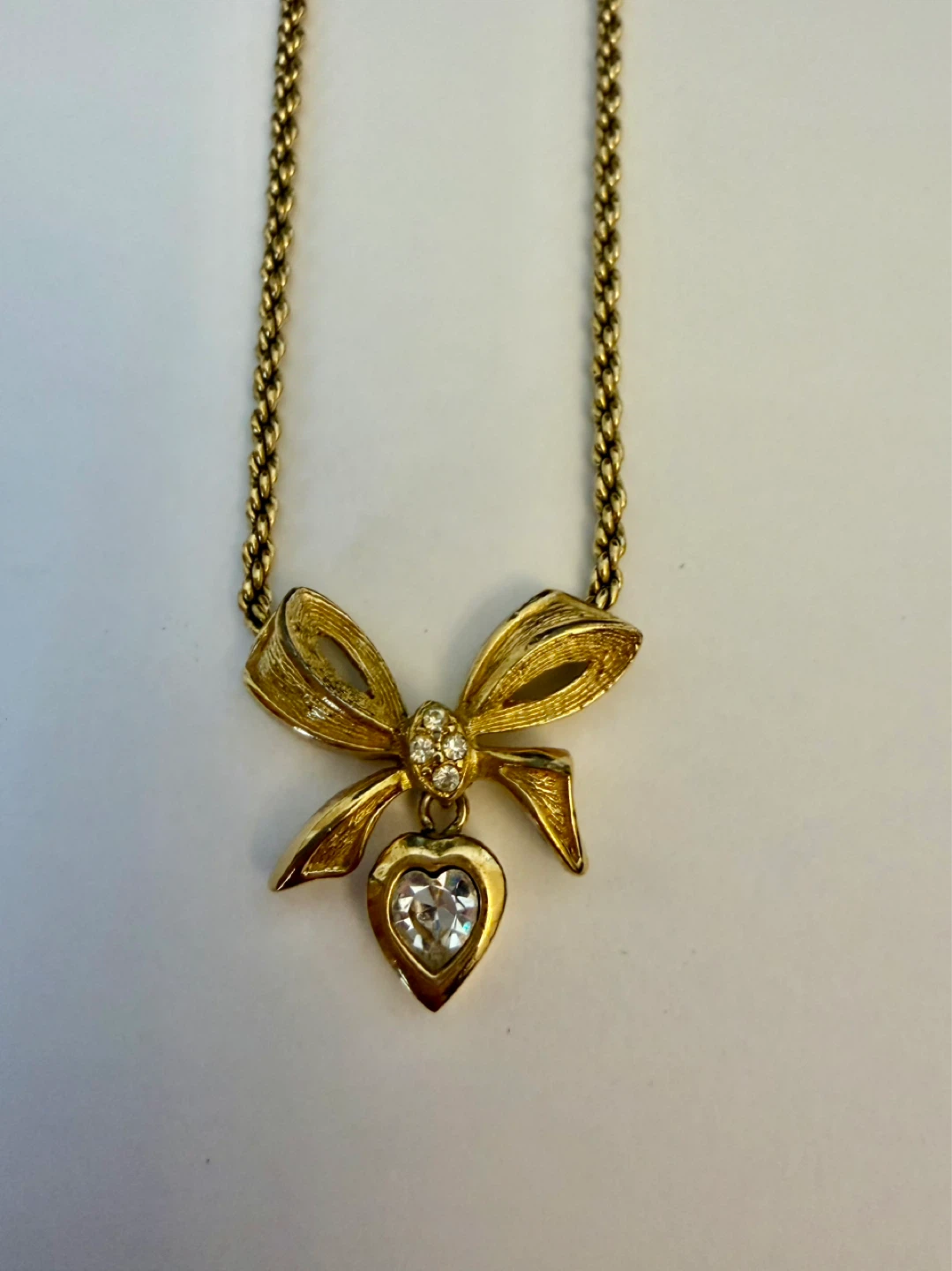 Christian Dior Gold Bow Crystals Heart  Pendant Necklace