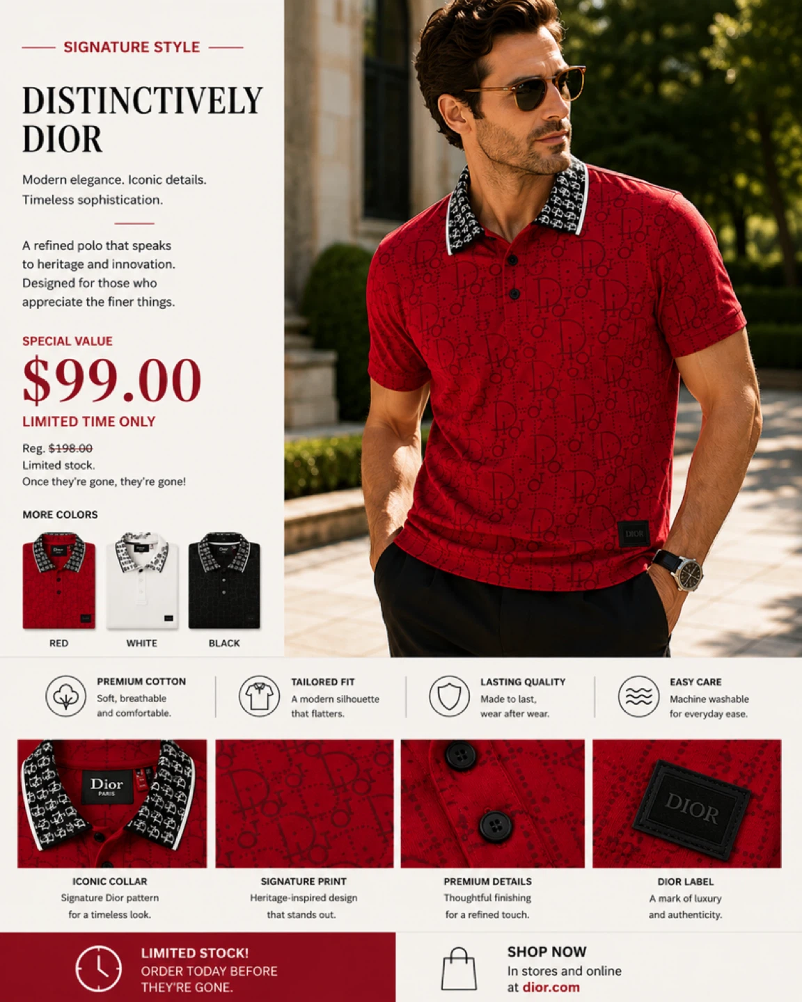 Dior Men's Red Signature Print Cotton Polo Shirt