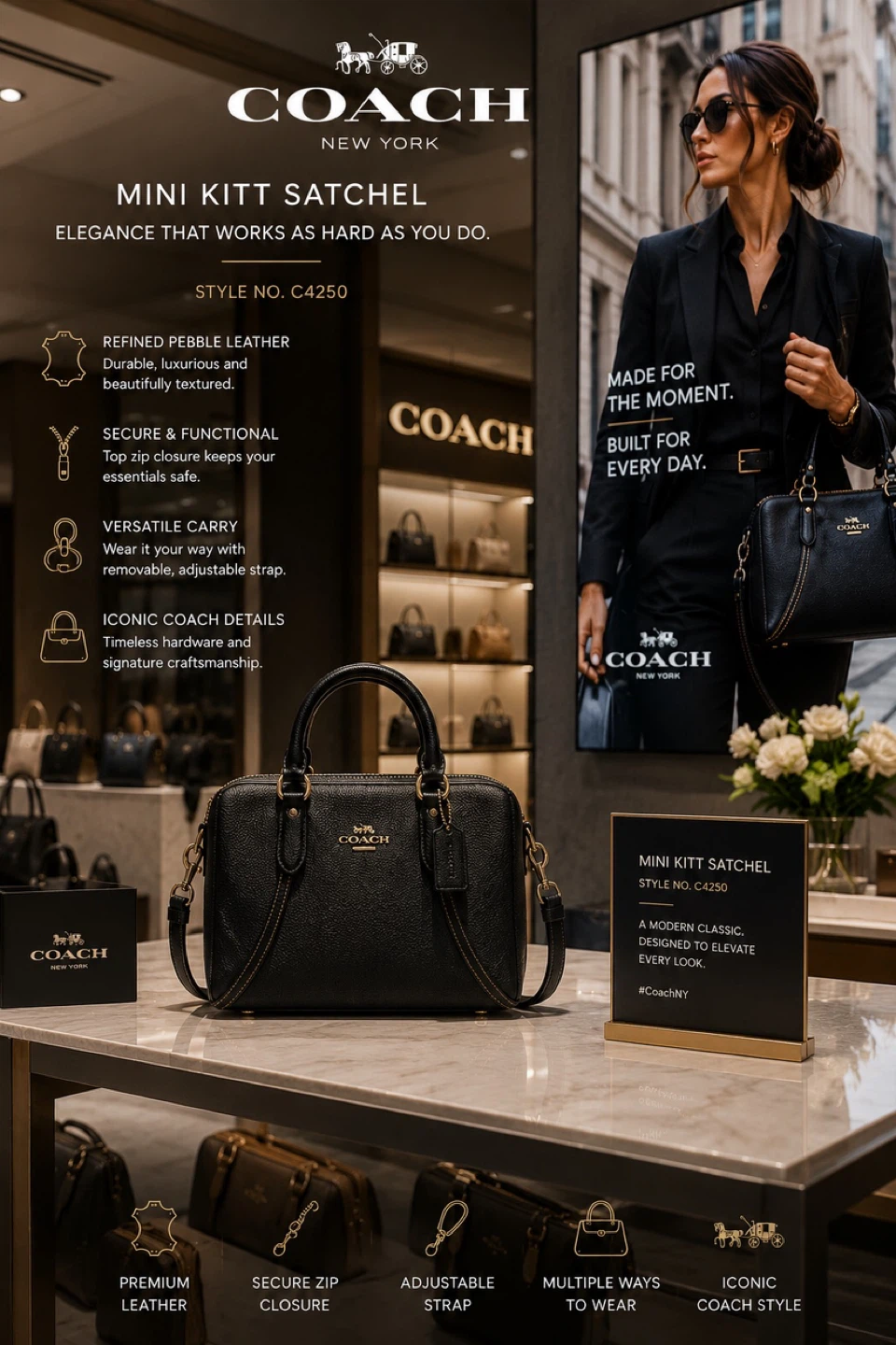 Coach Mini Kitt Satchel Black Pebble Leather C4250